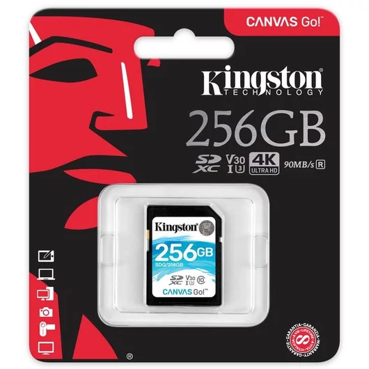 Kingston Canvas Go SDXC memóriakártya 256GB Class 10 UHS-I U3 V30 (90 MB/s olvasási sebesség)