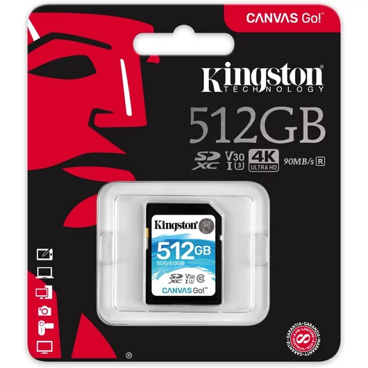 Kingston Canvas Go SDXC memóriakártya 512GB Class 10 UHS-I U3 V30 - 90 MB/s olvasási sebesség