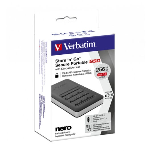 Verbatim Store 'n' Go. GEN 1. 256GB Secure SSD PIN kóddal titkosított 1.8