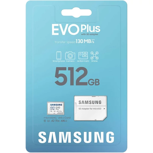 MB-MC512KA/EU SAMSUNG EVO PLUS MICRO SDXC + ADAPTER 512GB CL10 UHS-I (130 MB/s olvasási sebesség)