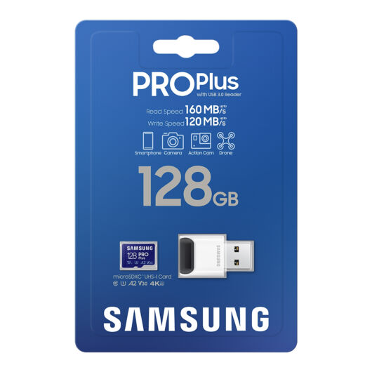 Samsung MicroSDXC 128 GB PRO Plus + USB adapter CL10 UHS-I (160 MB/s olvasási sebesség)