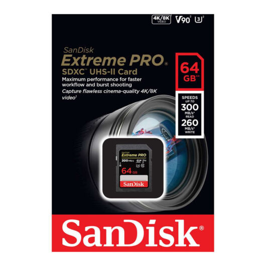 SanDisk Extreme Pro 64GB SDXC V90 UHS-II U3 4K Class 10 (95/90 MB/s)