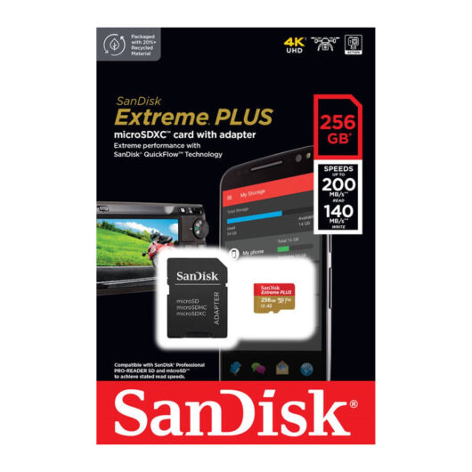 SanDisk Extreme Plus 256GB Micro SDXC U3 V30 (200/140 MB/s) + Adapter