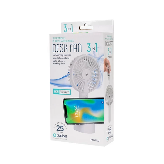 Platinet 3 az 1-ben újratölthető asztali ventilátor telefontartóval és párásítóval 1200 mAh - fehér (PRDF222)