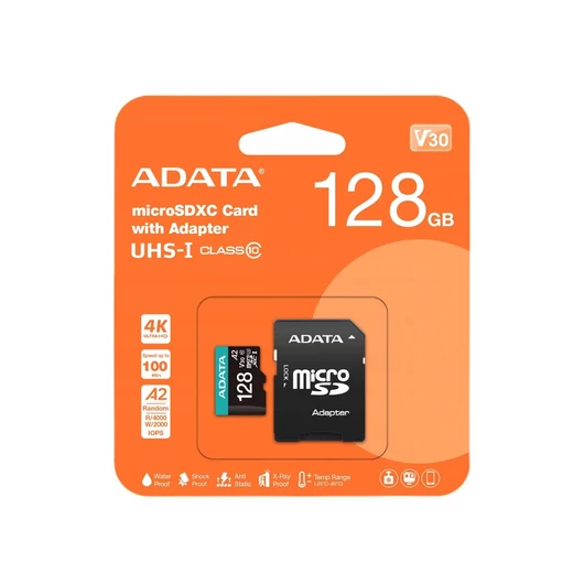 Adata Premier PRO micro SDXC + adapter 128GB CL10 UHS-I U3 V30 A2 (100 MB/s olvasási sebesség)