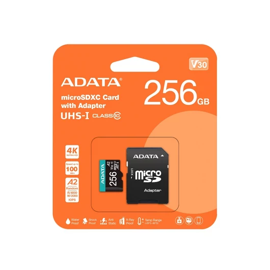 ADATA Premier PRO micro SDXC memóriakártya + adapter 256GB CL10 UHS-I U3 V30 A2 (100/80 MB/s) - fekete-kék