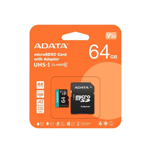 ADATA Premier PRO micro SDXC memóriakártya + adapter 64GB CL10 UHS-I U3 V30 A2 (100/80 MB/s)