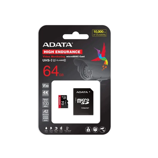 ADATA High Endurance micro SDXC + adapter 64GB CL10 UHS-I U3 V30S A2 (100/80 MB/s)
