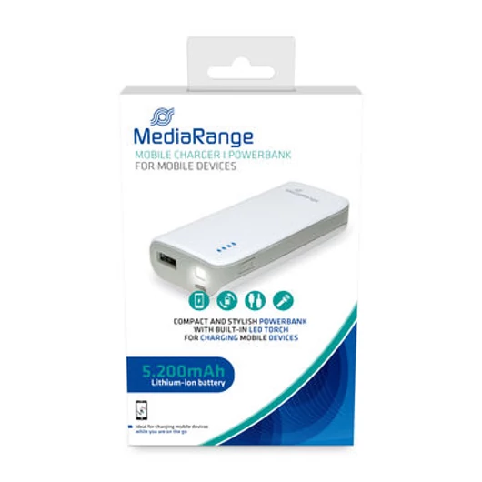 MediaRange powerbank 5200 mAh beépített zseblámpa funkcióval - fehér-szürke