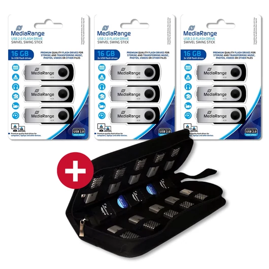 MediaRange 16GB USB 2.0 pendrive 3x3 csomag + Ajándék tároló tok 9 USB-hez