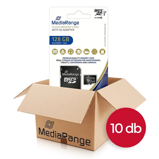 MediaRange 128GB Micro SDXC memóriakártya UHS-1 Class 10 + adapter 80 MB/s - 10 db