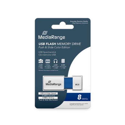 MediaRange Color Edition pendrive 8GB USB 2.0 kihúzható mechanizmussal - kék-fehér