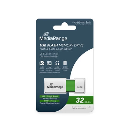 MediaRange Color Edition pendrive 32GB USB 2.0 kihúzható mechanizmussal - zöld-fehér