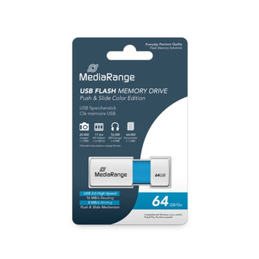 MediaRange Color Edition pendrive 64GB USB 2.0 kihúzható mechanizmussal - kék-fehér