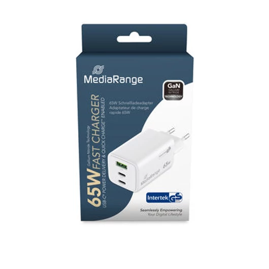 MediaRange hálózati töltő 2xUSB-C és 1xUSB-A csatlakozással 65W gyorstöltés - fehér