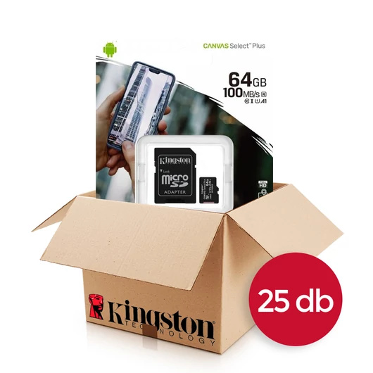 Kingston Canvas Select Plus Micro SDXC memóriakártya adapterrel 64GB CL10 UHS-I U1 V10 A1 100 MB/s - fekete (25db-os csomag)