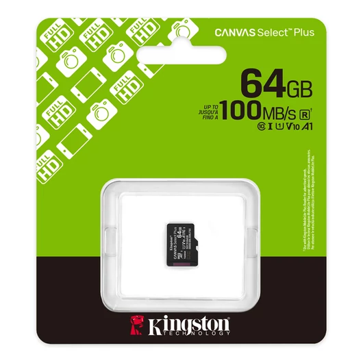 Kingston Canvas Select Plus micro SDXC 64GB Class 10 UHS-I U1 V10 A1 memóriakártya (100 MB/s olvasási sebesség) (SDCS3/64GBSP)