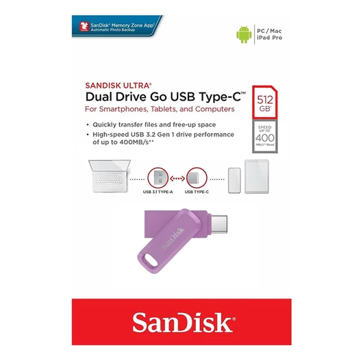 SanDisk Ultra Dual Drive Go pendrive 512GB USB 3.1 Type-C - lila