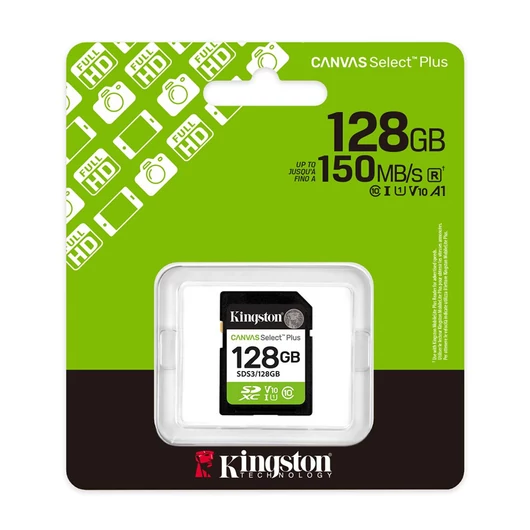 Kingston Canvas Select Plus SDXC 128GB Cl10 UHS-I U1 V10 (150 MB/s olvasási sebesség)