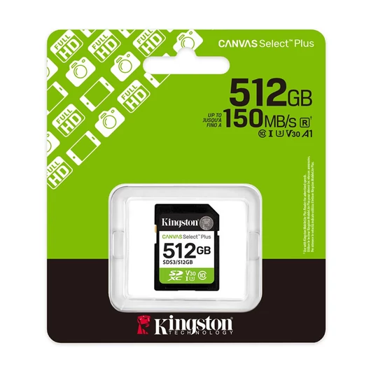 Kingston Canvas Select Plus SDXC 512GB Class 10 UHS-I U3 V30 memóriakártya 150 MB/s olvasási sebességgel (SDS3/512GB)