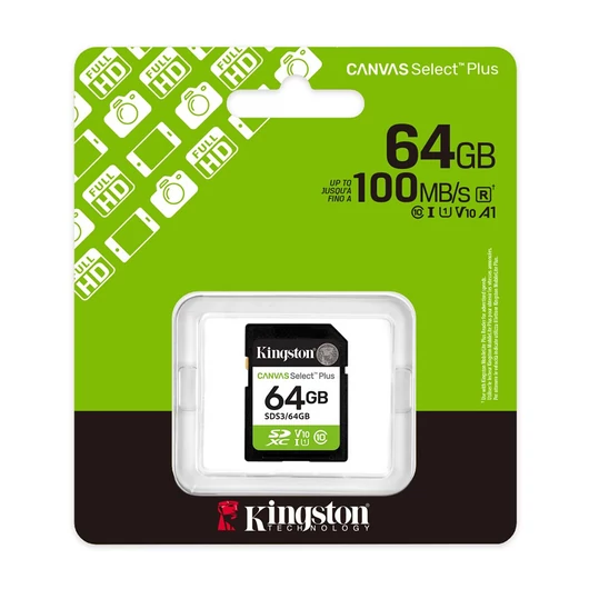 Kingston Canvas Select Plus SDXC 64GB Cl10 UHS-I U1 V10 (100 MB/s olvasási sebesség)