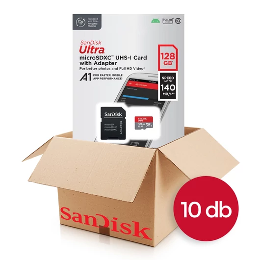 SanDisk Ultra microSDXC memóriakártya 128GB Class 10 UHS-I A1 140MB/s adapterrel - 10 db-os csomag