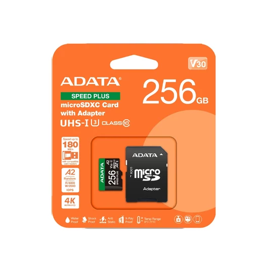 ADATA Speed Plus micro SDXC memóriakártya + adapter 256GB CL10 UHS-I U3 V30 A2 (180/160 MB/s)