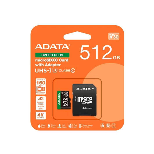 ADATA Speed Plus micro SDXC memóriakártya + adapter 512GB CL10 UHS-I U3 V30 A2 (180/160 MB/s)