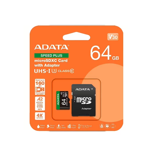 ADATA Speed Plus micro SDXC memóriakártya + adapter 64GB CL10 UHS-I U3 V30 A2 (160/140 MB/s)