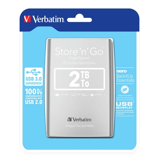 Verbatim Store 'n' Go HDD 2TB, USB3.0, Nero, 8Mb Cache, Ezüst - 53189