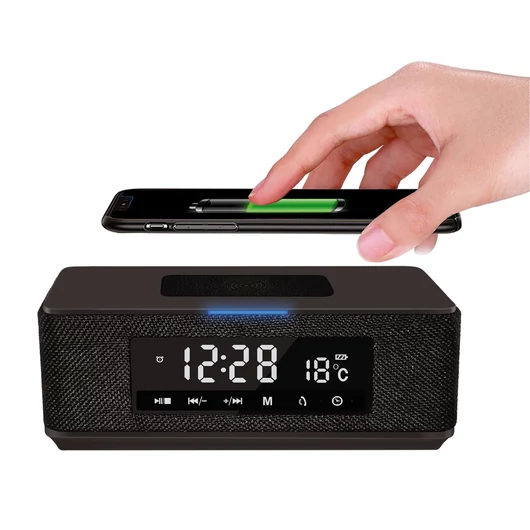 Platinet LED ébresztőóra Bluetooth Qi vezeték nélküli töltővel FM rádió 10W RMS - fekete