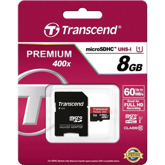 8GB Transcend microSDHC Memóriakártya CL10 UHS-I Adapter - TS8GUSDU1