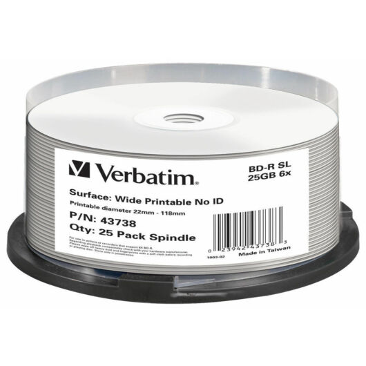 Verbatim BD-R Sl 6X 25 gB Teljes Felületén Nyomtatható Blu-Ray Lemez /NO ID/ - Cake (25) - 43738