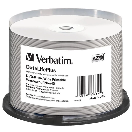 Verbatim DataLifePlus DVD-R 16x nyomtatható fényes vízálló lemez 4,7 GB /NO ID/ - cake (50 db)